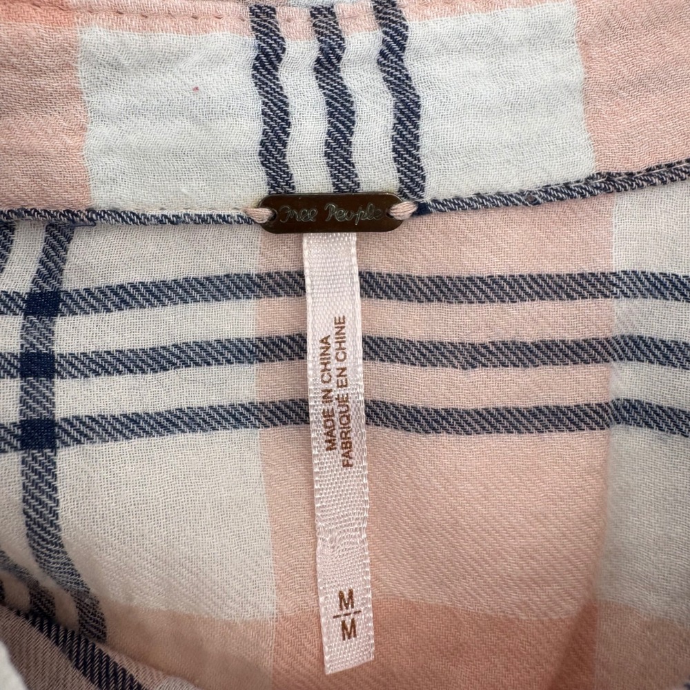 Free People Button Down Womens M Pink Plaid Embroidered Mixed Media‎ Shirt - Picture 6 of 7
